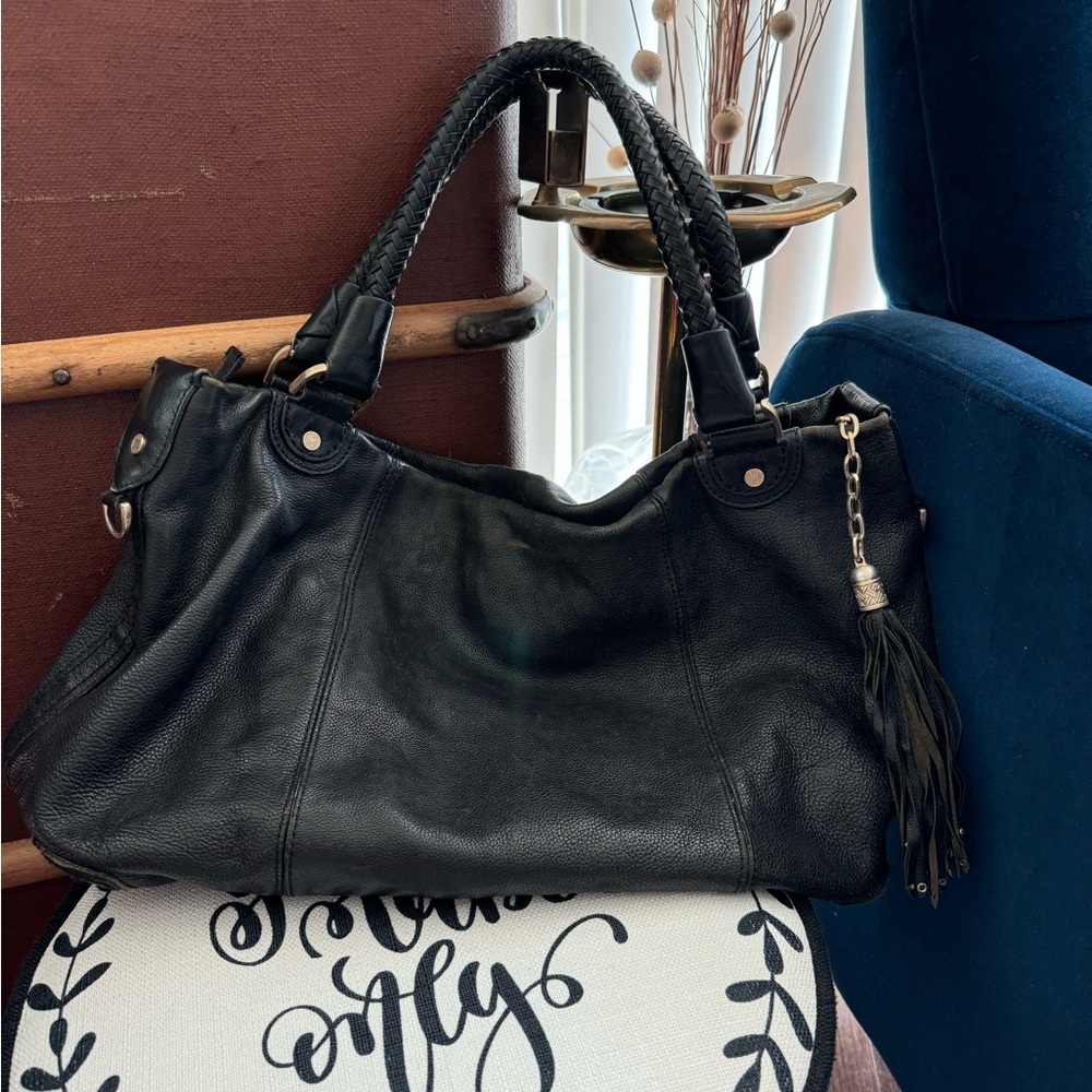 Black Pebbled Leather Shoulder Bag with Gold Accents